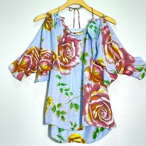 ANTHROPOLOGIE LEIFSDOTTIR 100% Silk Floral Blouse Blue Mauve Split Sleeve Size 2